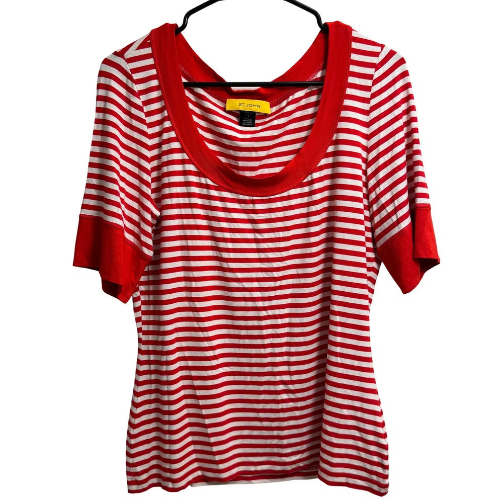 St John Sport Womens Large Red White Striped Scoop Neck Short Sleeve T-Shirt